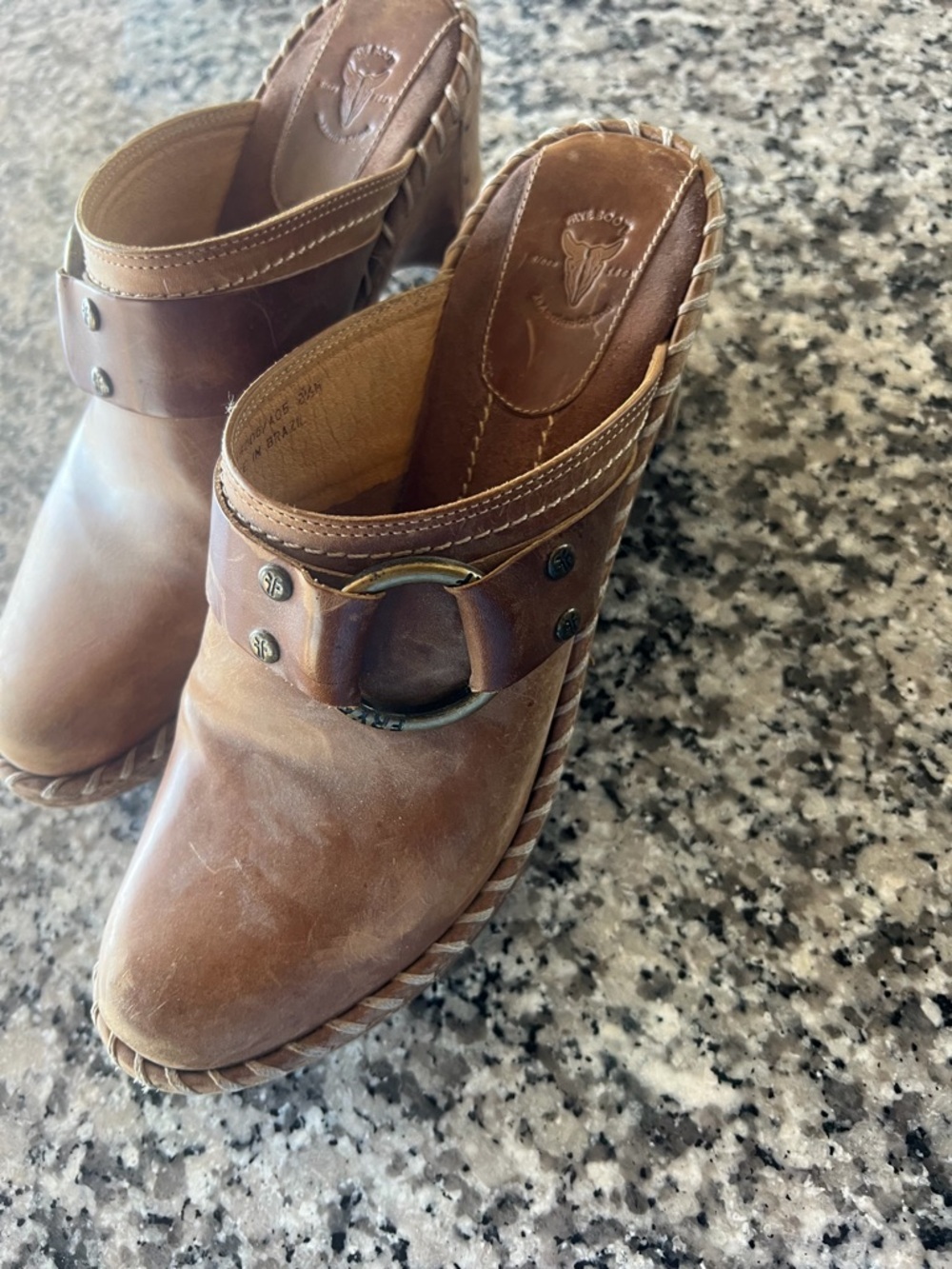 FRYE AND CO. Brown Leather Clog Mules with Metal Ring